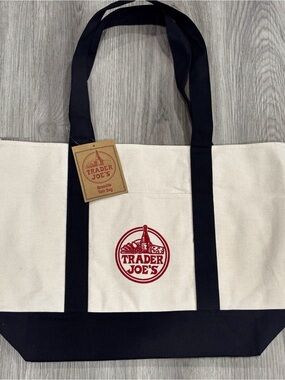 Canvas Tote in Natural with Navy Trim and Red Logo